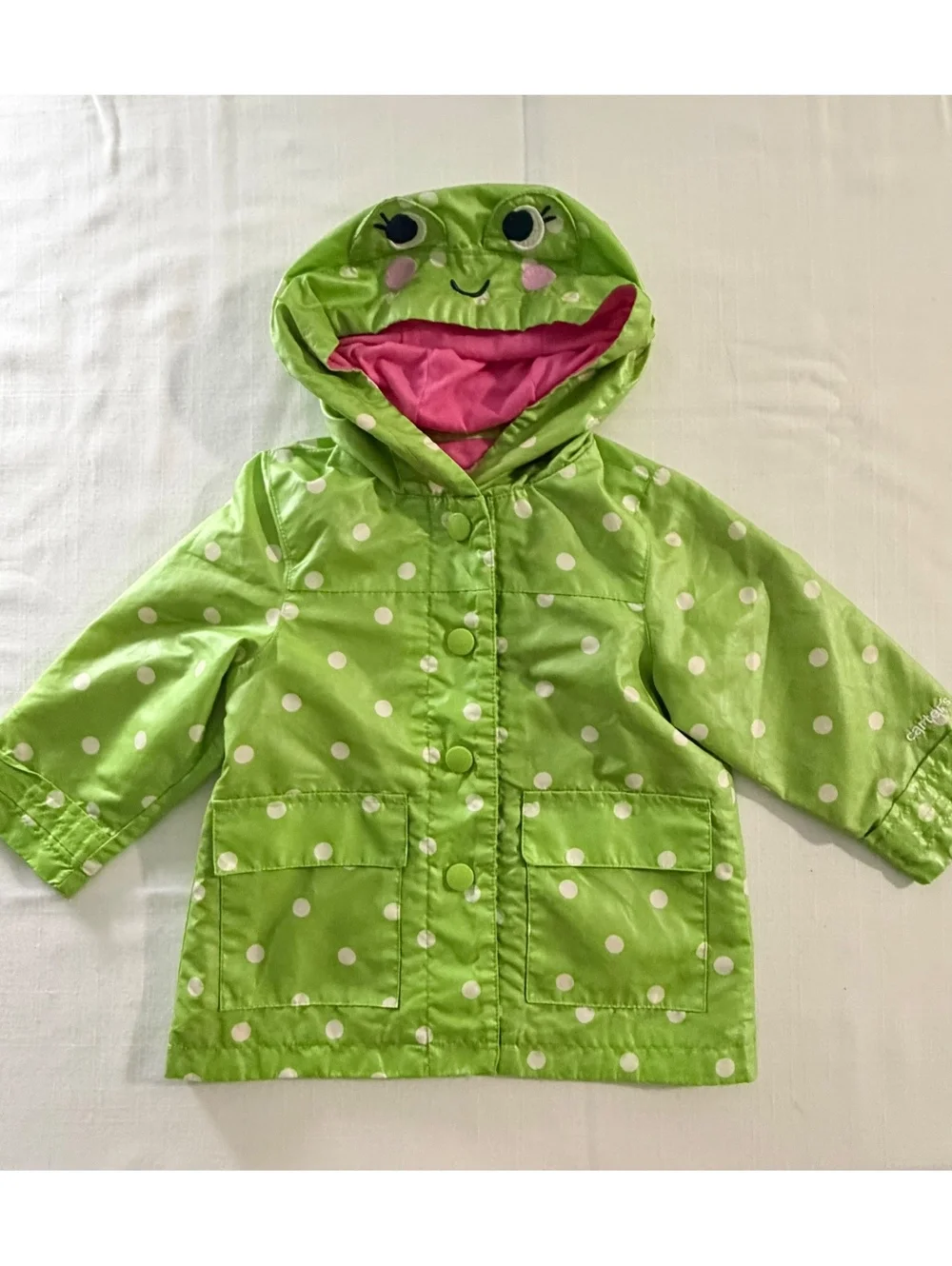 Carter's Toddler 2T Green Polka Dot Frog Hooded Rain Jacket with Pink Lining